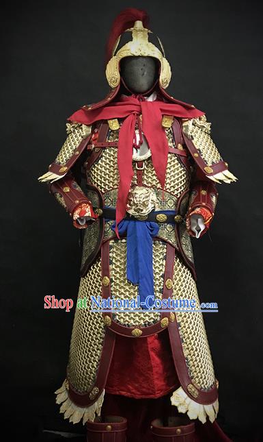 Traditional Chinese Ming Dynasty Military Officer Body Armor Outfits Ancient Film General Copper Costumes and Helmet Full Set