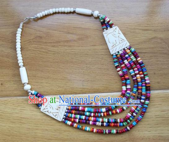 Chinese Traditional Tibetan Nationality Colorful Beads Necklet Pendant Decoration Zang Ethnic Handmade Ox Bone Necklace Jewelry Accessories for Women