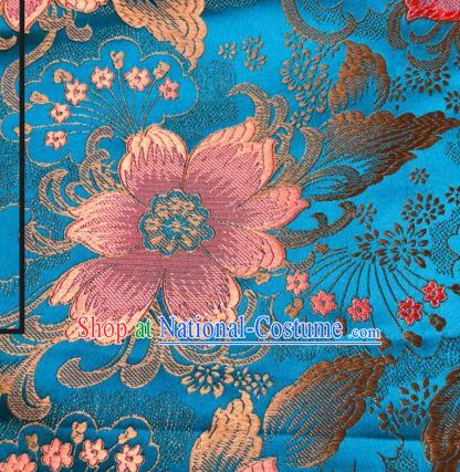 Asian Chinese Traditional Flowers Pattern Design Blue Brocade Silk Fabric Cheongsam Tapestry Satin Material DIY Damask