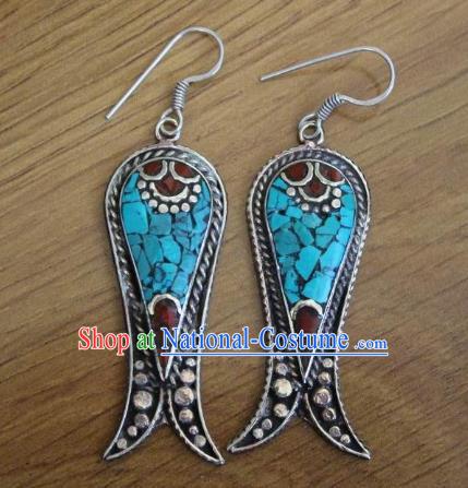 Chinese Traditional Tibetan Nationality Folk Dance Silver Fish Ear Accessories Handmade Eardrop Decoration Zang Ethnic Earrings for Women