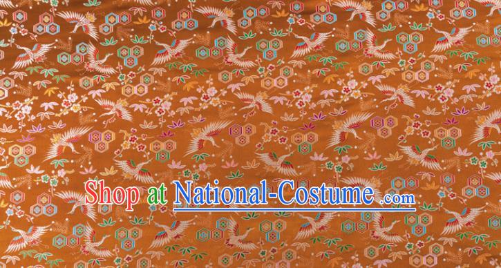 Japanese Traditional Crane Plum Pattern Design Brown Brocade Nishijin Fabric Silk Material Traditional Asian Japan Kimono Tapestry Satin