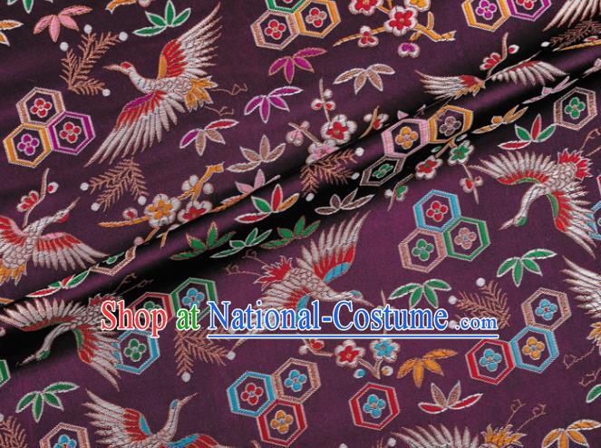 Japanese Traditional Crane Plum Pattern Design Purple Brocade Nishijin Fabric Silk Material Traditional Asian Japan Kimono Tapestry Satin