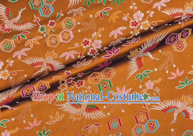 Japanese Traditional Crane Plum Pattern Design Brown Brocade Nishijin Fabric Silk Material Traditional Asian Japan Kimono Tapestry Satin