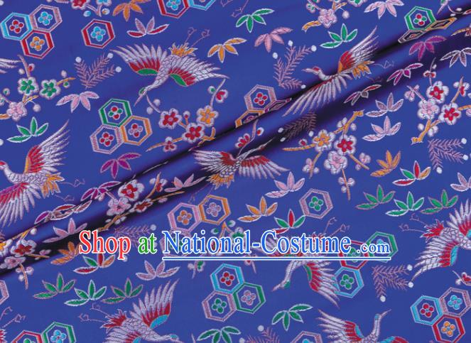 Japanese Traditional Crane Plum Pattern Design Deep Blue Brocade Nishijin Fabric Silk Material Traditional Asian Japan Kimono Tapestry Satin