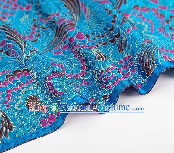 Chinese Classical Phoenix Tail Pattern Design Blue Brocade Silk Fabric Tapestry Material Asian Traditional DIY Tang Suit Satin Damask