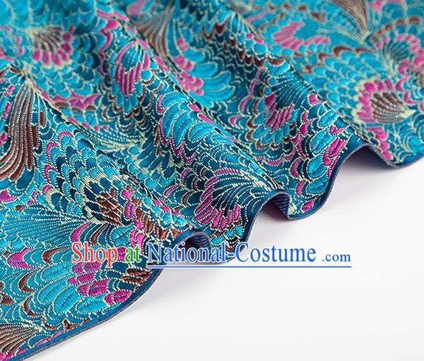 Chinese Classical Phoenix Tail Pattern Design Lake Blue Brocade Silk Fabric Tapestry Material Asian Traditional DIY Tang Suit Satin Damask