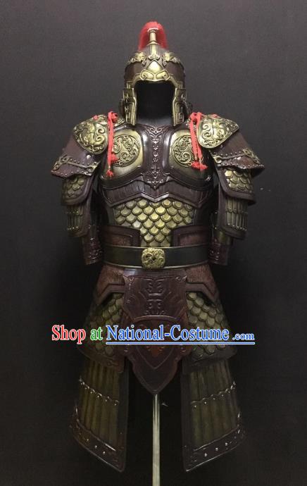 Traditional Chinese Han Dynasty Leather Body Armor Outfits Ancient Film Military Officer General Armour Costumes and Helmet for Men