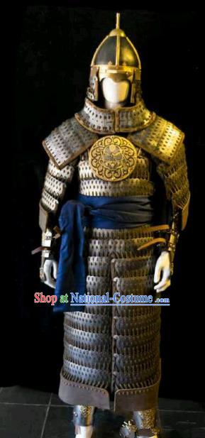 Traditional Chinese Ming Dynasty General Iron Body Armor Outfits Ancient Film Military Officer Armour Costumes and Helmet for Men