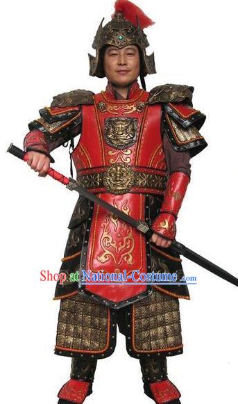 Traditional Chinese Han Dynasty General Red Body Armor Outfits Ancient Film Military Officer Armour Costumes and Helmet for Men