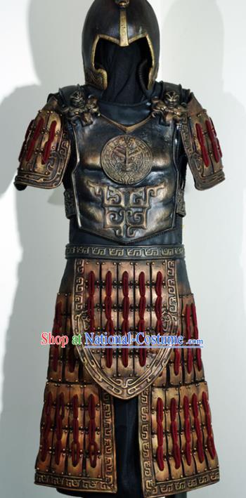 Traditional Chinese Han Dynasty Soldier Body Armor Outfits Ancient Film Military Officer Armour Warrior Costumes and Helmet Full Set