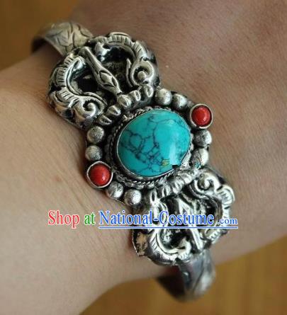 Chinese Traditional Tibetan Nationality Kallaite Bracelet Jewelry Accessories Decoration Handmade Zang Ethnic Silver Carving Bangle for Women