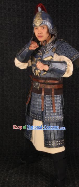 Traditional Chinese Han Dynasty Body Armor Outfits Ancient Film Warrior Armour General Costumes and Headwear Full Set