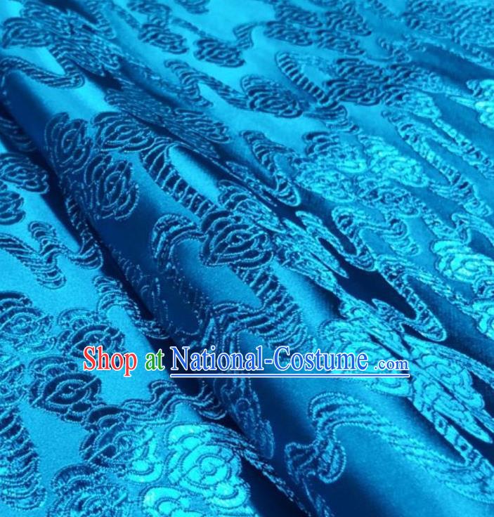 Asian Chinese Traditional Auspicious Clouds Pattern Design Blue Brocade Silk Fabric Tang Suit Tapestry Imperial Robe Material