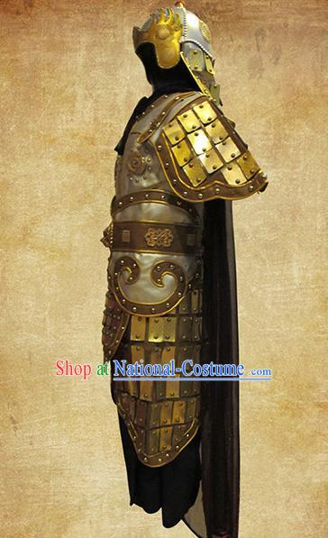 Traditional Chinese Three Kingdoms Period Young Soldier Golden Body Armor Outfits Ancient Film Warrior Armour Costumes and Headwear Full Set