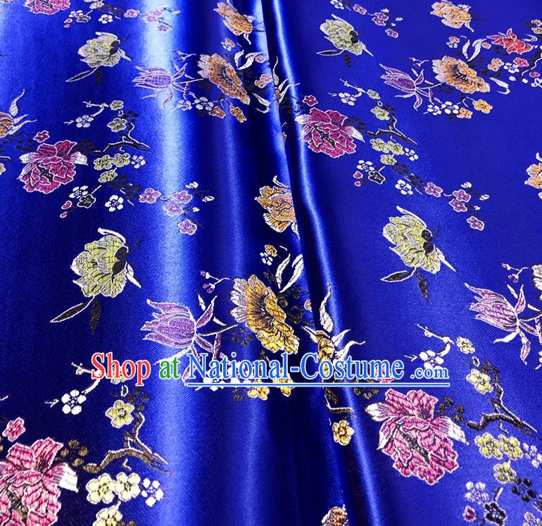 Asian Chinese Traditional Pomegranate Flowers Pattern Design Royalblue Brocade Silk Fabric Tang Suit Tapestry Satin Material