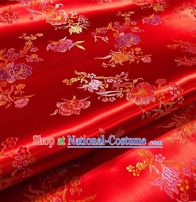 Asian Chinese Traditional Pomegranate Flowers Pattern Design Red Brocade Silk Fabric Tang Suit Tapestry Satin Material