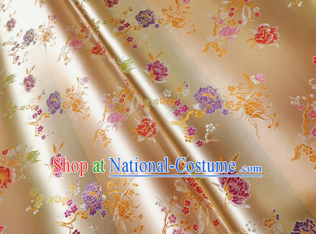 Asian Chinese Traditional Pomegranate Flowers Pattern Design Light Golden Brocade Silk Fabric Tang Suit Tapestry Satin Material