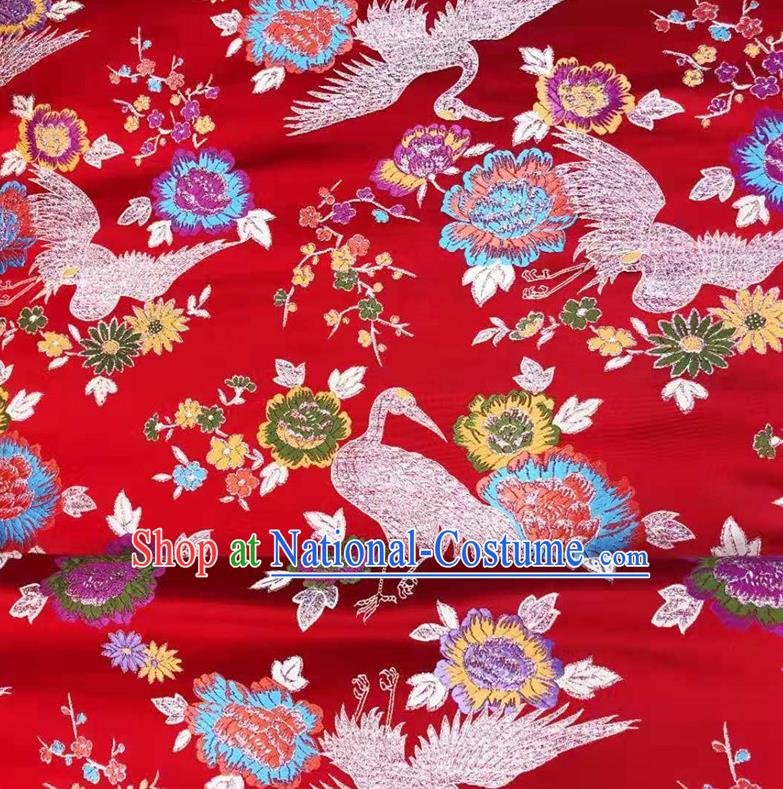 Asian Chinese Traditional Cranes Pattern Design Red Brocade Silk Fabric Tang Suit Tapestry Wedding Dress Satin Material