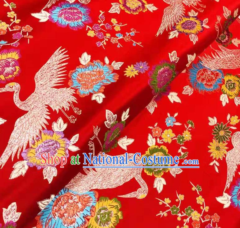 Asian Chinese Traditional Cranes Pattern Design Purplish Red Brocade Silk Fabric Tang Suit Tapestry Wedding Dress Satin Material