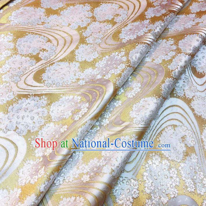 Japanese Traditional Sakura Pattern Design Golden Nishijin Brocade Fabric Silk Material Traditional Asian Yamato Kimono Satin Tapestry