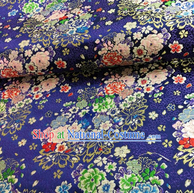 Japanese Traditional Sakura Peony Pattern Design Deep Blue Nishijin Brocade Fabric Silk Material Traditional Asian Japan Kimono Satin Tapestry