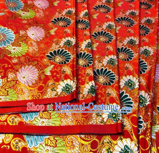 Japanese Traditional Daisy Pattern Design Red Nishijin Brocade Fabric Silk Material Traditional Asian Japan Kimono Satin Tapestry