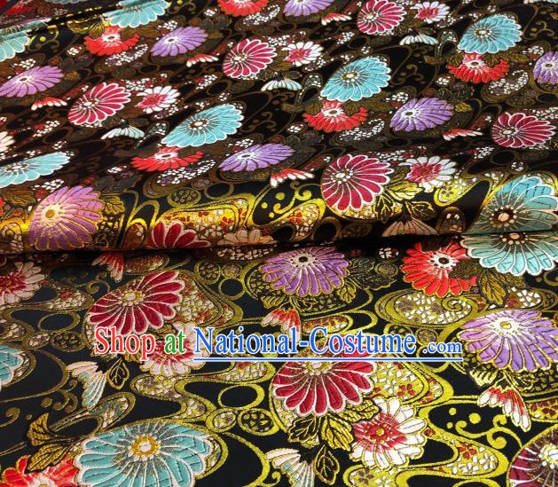 Japanese Traditional Daisy Pattern Design Black Nishijin Brocade Fabric Silk Material Traditional Asian Japan Kimono Satin Tapestry