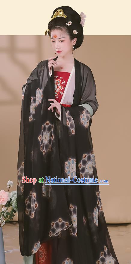 Chinese Ancient Tang Dynasty Court Woman Hanfu Garment Imperial Concubine Black Chiffon Cloak Blouse Camisole and Skirt Costumes Full Set