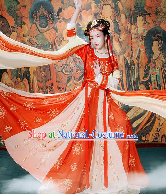 Chinese Ancient Flying Apsaras Goddess Hanfu Garment Costumes Tang Dynasty Court Lady Dance Half Sleeved Top Blouse and Skirt Complete Set