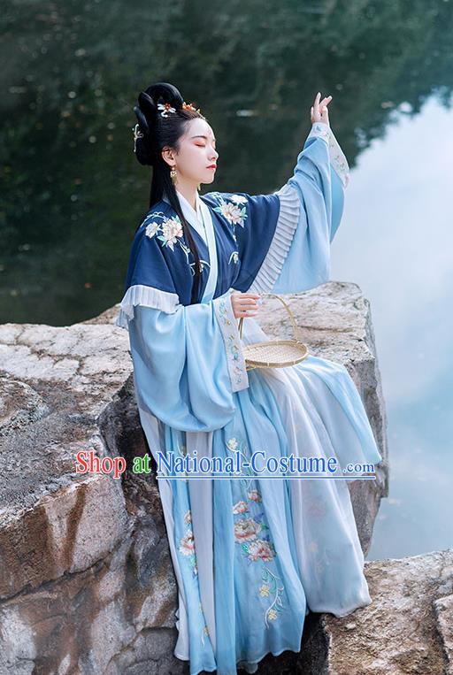 Chinese Ancient Princess Hanfu Garment Costumes Jin Dynasty Palace Lady Blue Half Sleeved Top Blouse and Skirt for Women