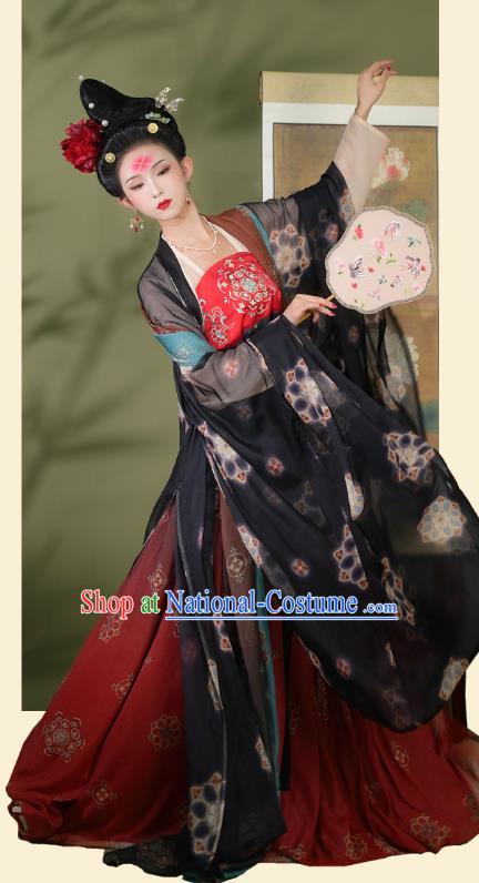 Chinese Ancient Tang Dynasty Imperial Concubine Hanfu Garment Palace Lady Chiffon Cloak Blouse and Red Dress Costumes Full Set