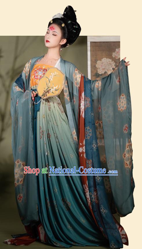 Chinese Ancient Imperial Concubine Hanfu Garment Court Lady Blue Cloak Blouse and Green Dress Tang Dynasty Costumes Full Set