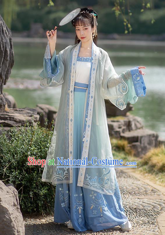 Chinese Ancient Village Girl Hanfu Garment Costumes Song Dynasty Young Lady Embroidered BeiZi Blouse Sun Top and Blue Skirt Full Set