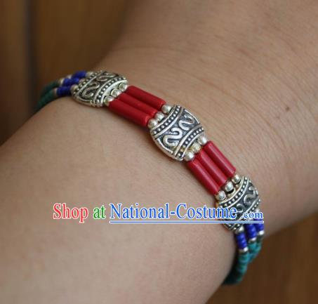 Chinese Traditional Tibetan Nationality Silver Carving Bracelet Jewelry Accessories Decoration Handmade Zang Ethnic Bangle for Women