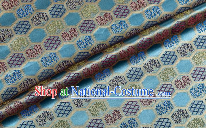 Japanese Traditional Hexagon Daisy Pattern Design Blue Brocade Nishijin Fabric Silk Material Traditional Asian Japan Kimono Tapestry Satin