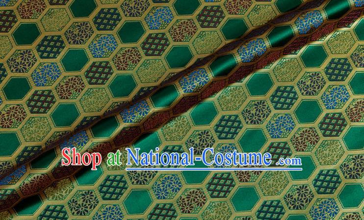 Japanese Traditional Hexagon Daisy Pattern Design Green Brocade Nishijin Fabric Silk Material Traditional Asian Japan Kimono Tapestry Satin