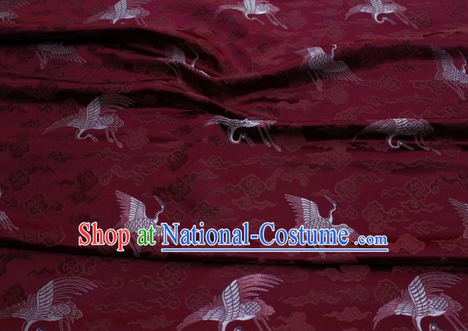 Chinese Classical Cloud Crane Pattern Design Purplish Red Brocade Silk Fabric DIY Satin Damask Asian Traditional Qipao Dress Tapestry Material