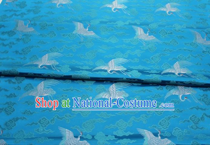 Chinese Classical Cloud Crane Pattern Design Blue Brocade Silk Fabric DIY Satin Damask Asian Traditional Qipao Dress Tapestry Material