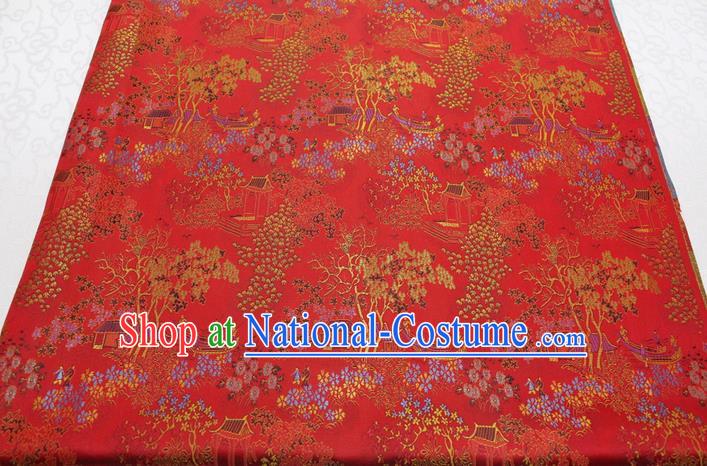 Chinese Classical Scenery Pattern Design Red Brocade Silk Fabric DIY Satin Damask Asian Traditional Tang Suit Tapestry Material