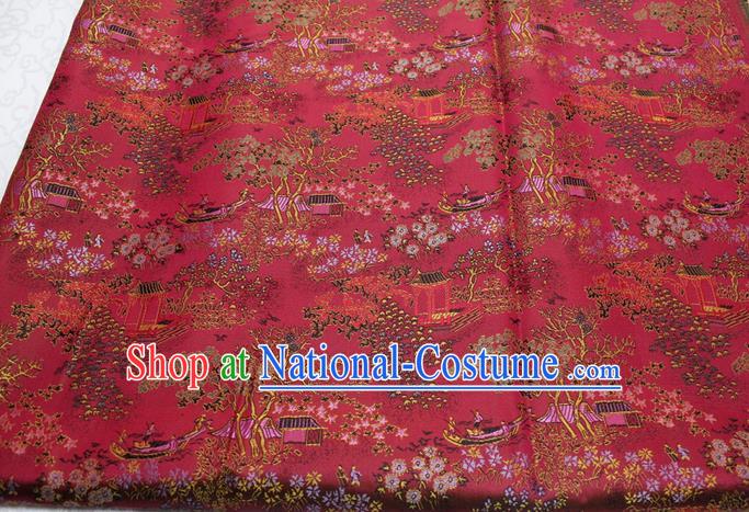 Chinese Classical Scenery Pattern Design Magenta Brocade Silk Fabric DIY Satin Damask Asian Traditional Tang Suit Tapestry Material