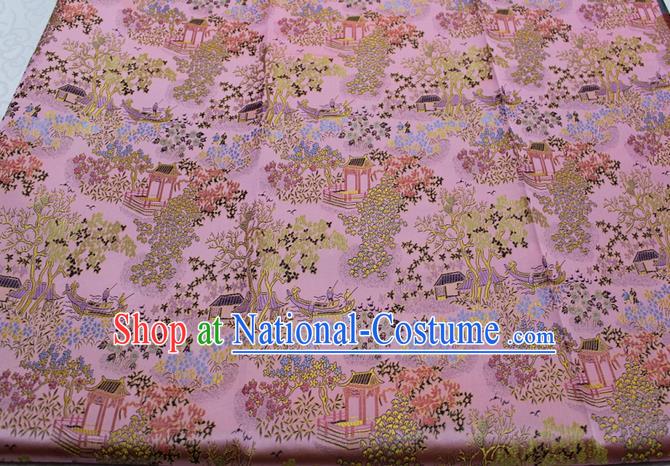 Chinese Classical Scenery Pattern Design Pink Brocade Silk Fabric DIY Satin Damask Asian Traditional Tang Suit Tapestry Material