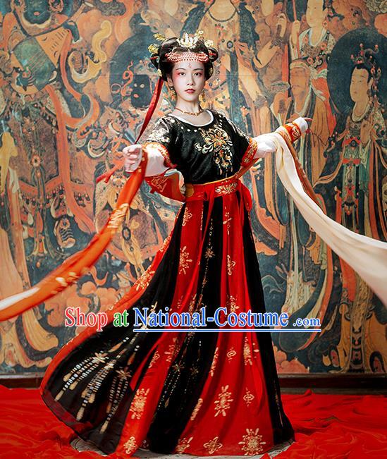 Chinese Ancient Classical Dance Hanfu Garment Costumes Tang Dynasty Palace Lady Black Half Sleeved Top Blouse and Skirt Complete Set