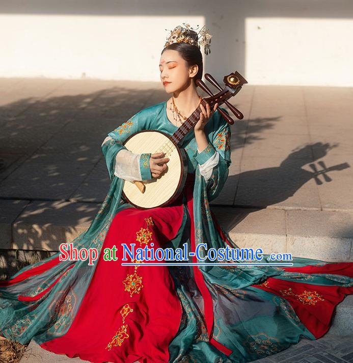 Chinese Ancient Tang Dynasty Court Lady Embroidered Hanfu Garment Green Half Sleeved Top Blouse and Skirt Costumes Complete Set