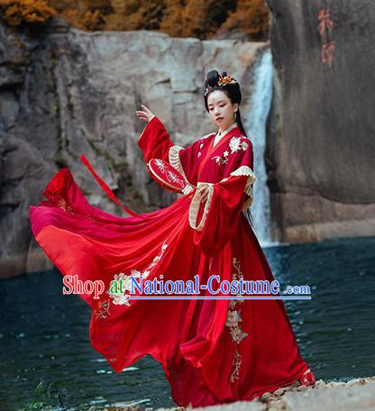 Chinese Ancient Noble Princess Red Hanfu Garment Costumes Jin Dynasty Palace Lady Wedding Half Sleeved Top Blouse and Skirt Full Set