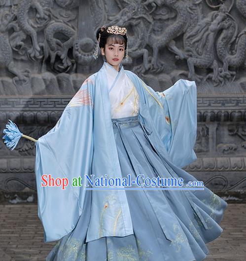 Chinese Ancient Empress Hanfu Garment Costumes Han Dynasty Noble Queen Embroidered Blue Cape Blouse and Skirt Complete Set