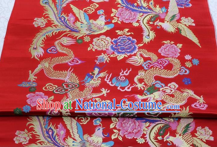 Chinese Wedding Dress Classical Phoenix Dragon Pattern Design Red Nanjing Brocade Asian Traditional Tapestry Material DIY Satin Damask Silk Fabric