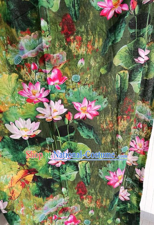 Top Quality Chinese Classical Lotus Pattern Green Flax Material Asian Traditional Curtain Linen Cloth Fabric