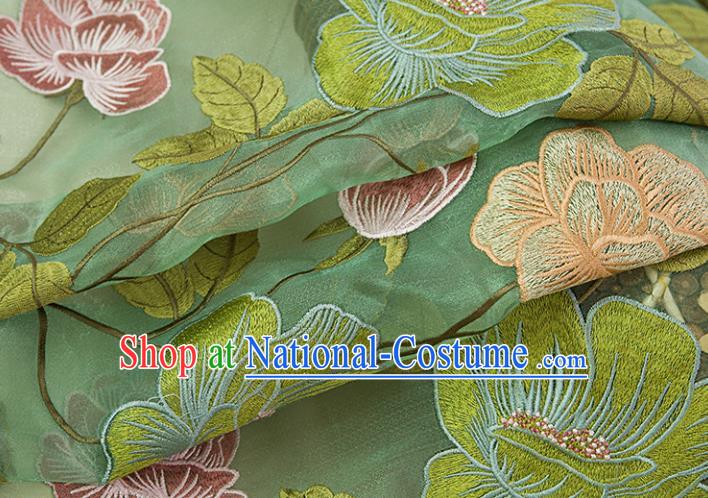 Top Quality Chinese Classical Embroidered Peony Pattern Green Gauze Material Asian Traditional Curtain Silk Cloth Fabric