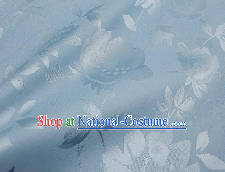 Chinese Traditional Camellia Pattern Design Light Blue Satin Fabric Silk Material Traditional Asian Hanfu Dress Cloth Tapestry