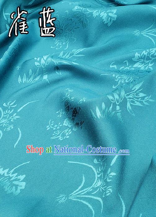 Chinese Traditional Plum Orchid Bamboo Chrysanthemum Pattern Design Teal Satin Fabric Traditional Asian Hanfu Dress Cloth Tapestry Jacquard Silk Material